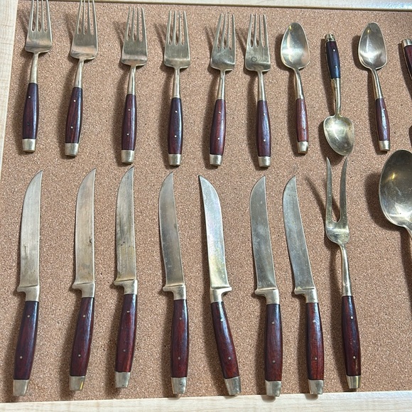 Antique Cocktails Forks Knives Spoons Royal Crown Design Rose Wood Handles - Picture 1 of 17